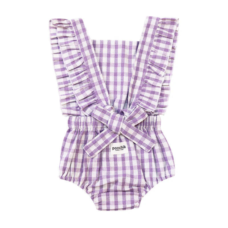 Ruffle Back Romper | Lilac Gingham