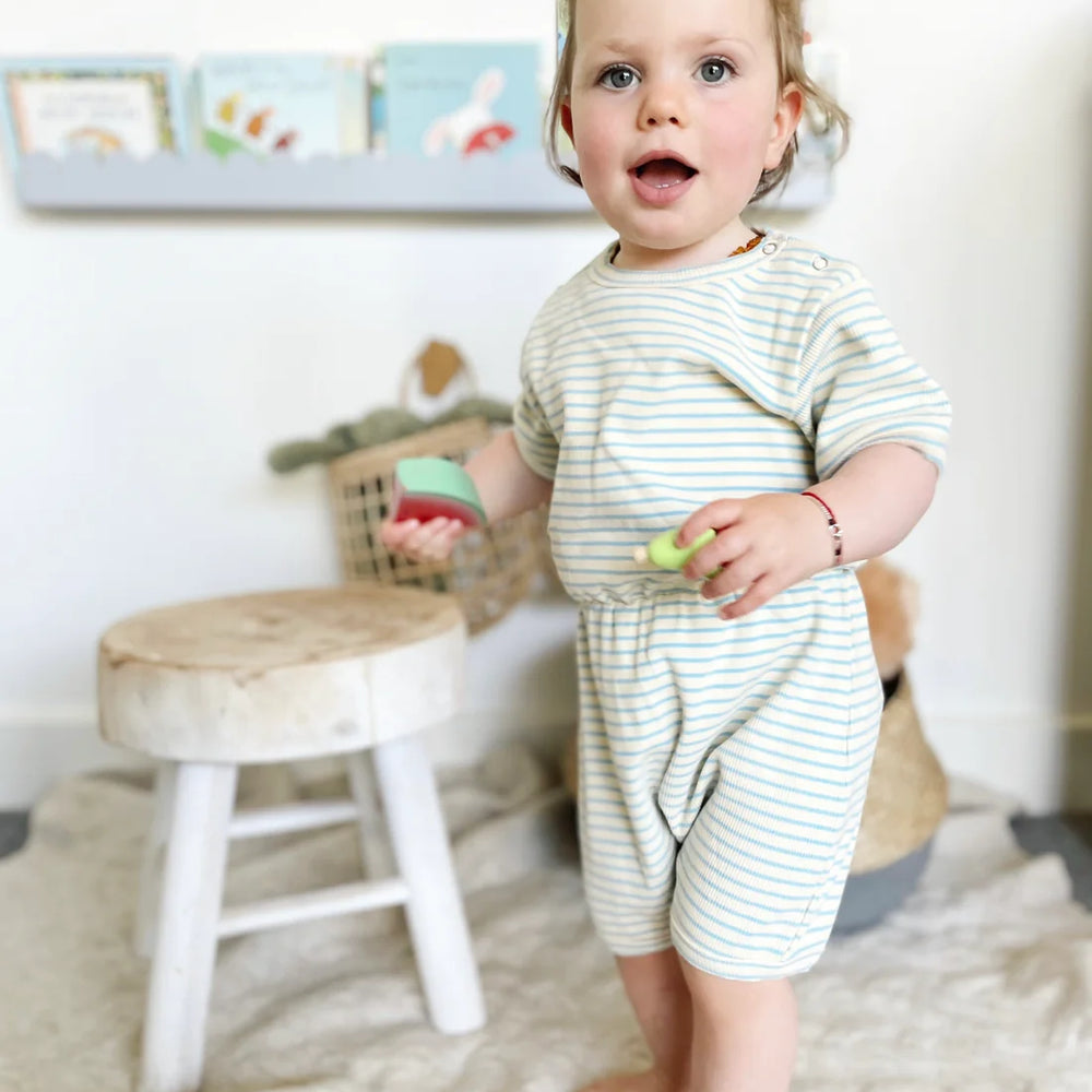 
                      
                        Ribbed Cotton Romper | Ocean Stripe
                      
                    